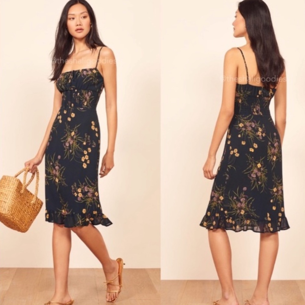 Reformation Genie Floral Ruffle Midi Dress